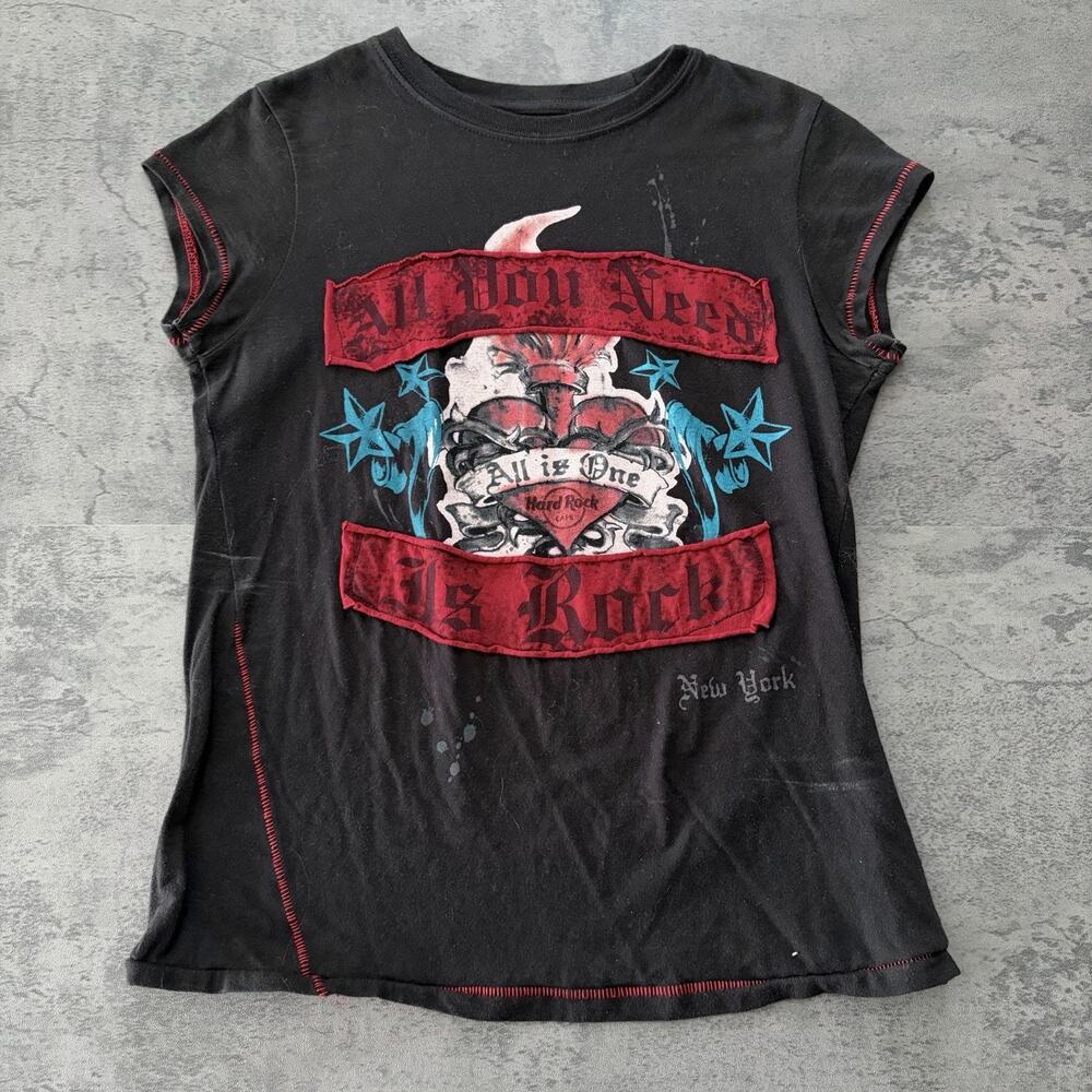 Hard Rock New York Embroidered T-Shirt S Black Gothic Heart Cutoff Y2K